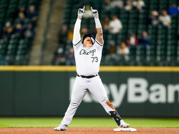 Apr 5, 2021; Seattle, Washington, USA; Chicago White Sox designated hitter Yermín Mercedes (73) reacts after hitting a double against the Seattle Mariners during the fifth inning at T-Mobile Park.